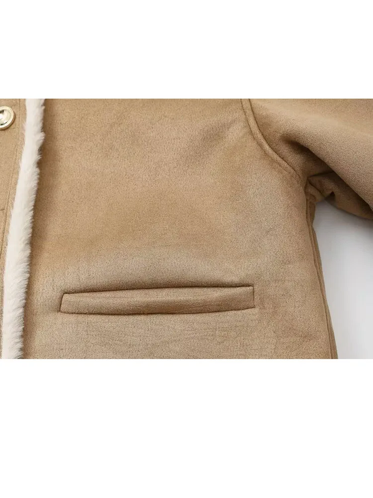 HH femmes hiver nouvelle mode bouton doré réversible veste chaude femme col rond simple boutonnage haute rue décontracté manteau court