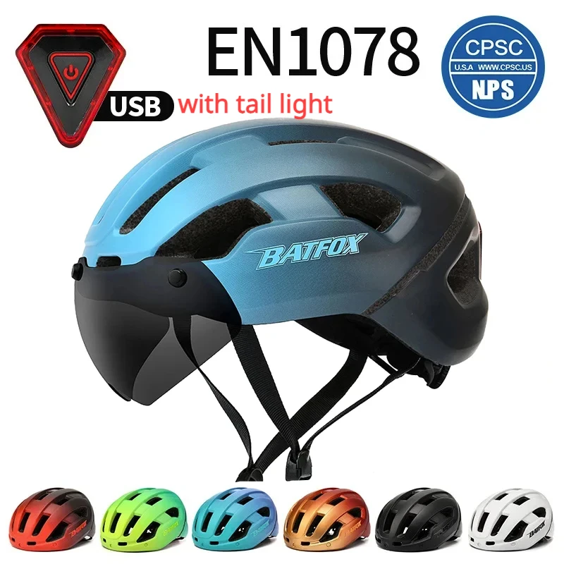 

Batfox Cycling Helmet LED Light Helmet MTB Road Mountain Racing Bike Integrated Helmet Goggles Lens Man Women Riding Bicycle