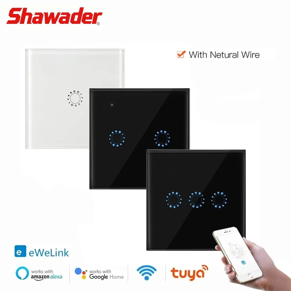 

Shawader Smart WiFi Tuya Ewelink Light Wall Switches Touch Glass Panel Wireless Voice Remote Control Alexa Google Home 1/2/3Gang