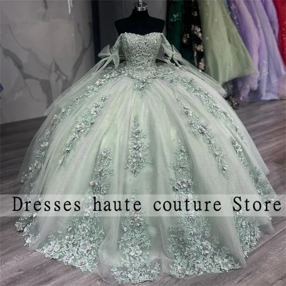 Nova sálvia verde applique laço arco quinceanera vestidos 2025 méxico rendas 3d flor contas doce 16 personalizado vestidos de 15 anos