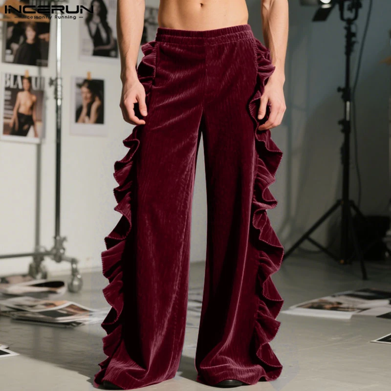 INCERUN الرجال السراويل بلون القطيفة مرونة الخصر ركض السراويل الرجال كشكش الشارع الشهير فضفاض موضة السراويل الطويلة غير رسمية S-5XL