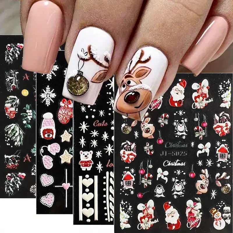 1/4Sheet of 5D Embossed Self-Adhesive Cartoon Nail Art Stickers with Santa Claus Elk and Snowman Design for Women and Girls Wear