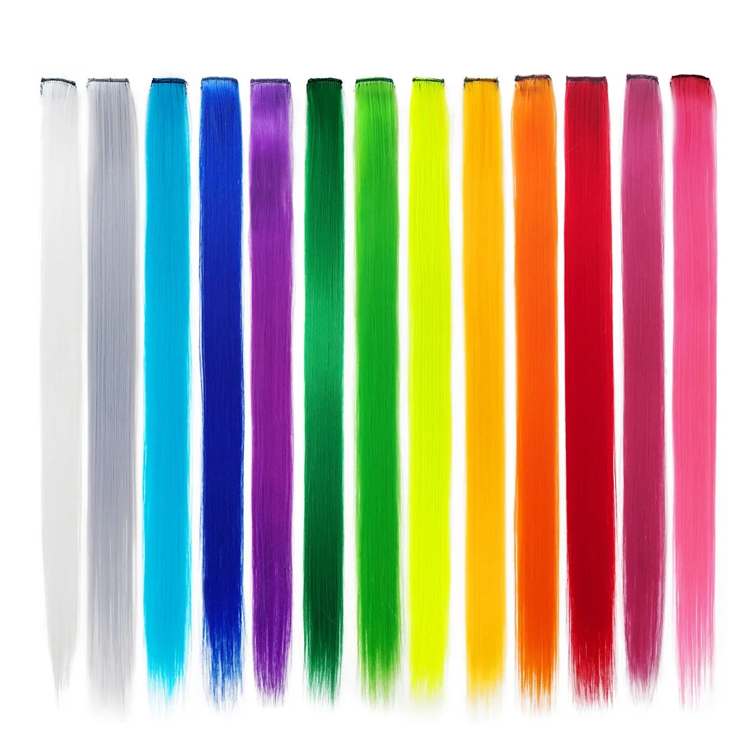 Extensiones de Cabello sintético para fiesta, pelo liso con Clip colorido, 13 piezas, 55cm, arcoíris
