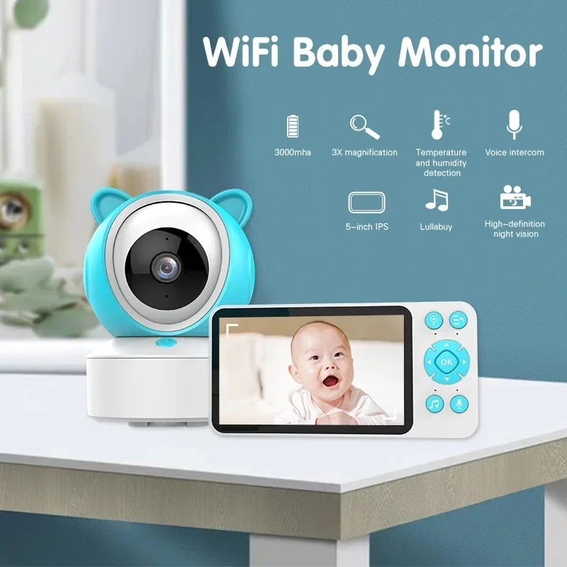 One-click Call Mobile APP Remote Video Intercom Baby Monitor C8 5-inch WiFi 1080P PTZ Control Temperature Monitoring Lullaby