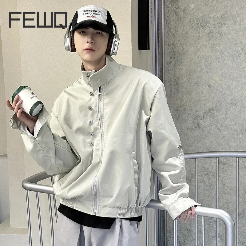 

FEWQ 2024 New Summer Casual Jacket Men's Solid Color Zipper Coat Stand Collar Drawstring Button Decoration Men Chic Top 24Y132