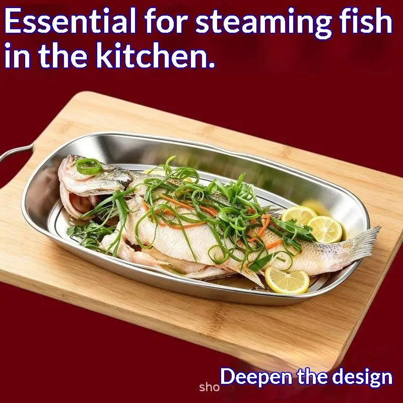 Stainless Steel Fish Serving Plate Thickened Heat-resistant Steaming Tray Large Capacity With Handle Steaming Fish Plate Dining
