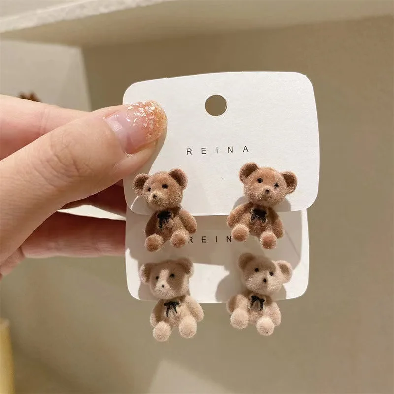 2pairs Cute Flocking Bear Rabbit Stud Earrings for Women Sweet Bow Knot Plush Animal Earring Girls Daily Party Jewelry Gift