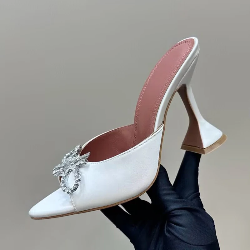 

Slippers Satin Open Toe Thin High Heels Wedding Shoes Women Rhinestone Butterfly-knot Decor Dress Shoes Summer Party Sandals