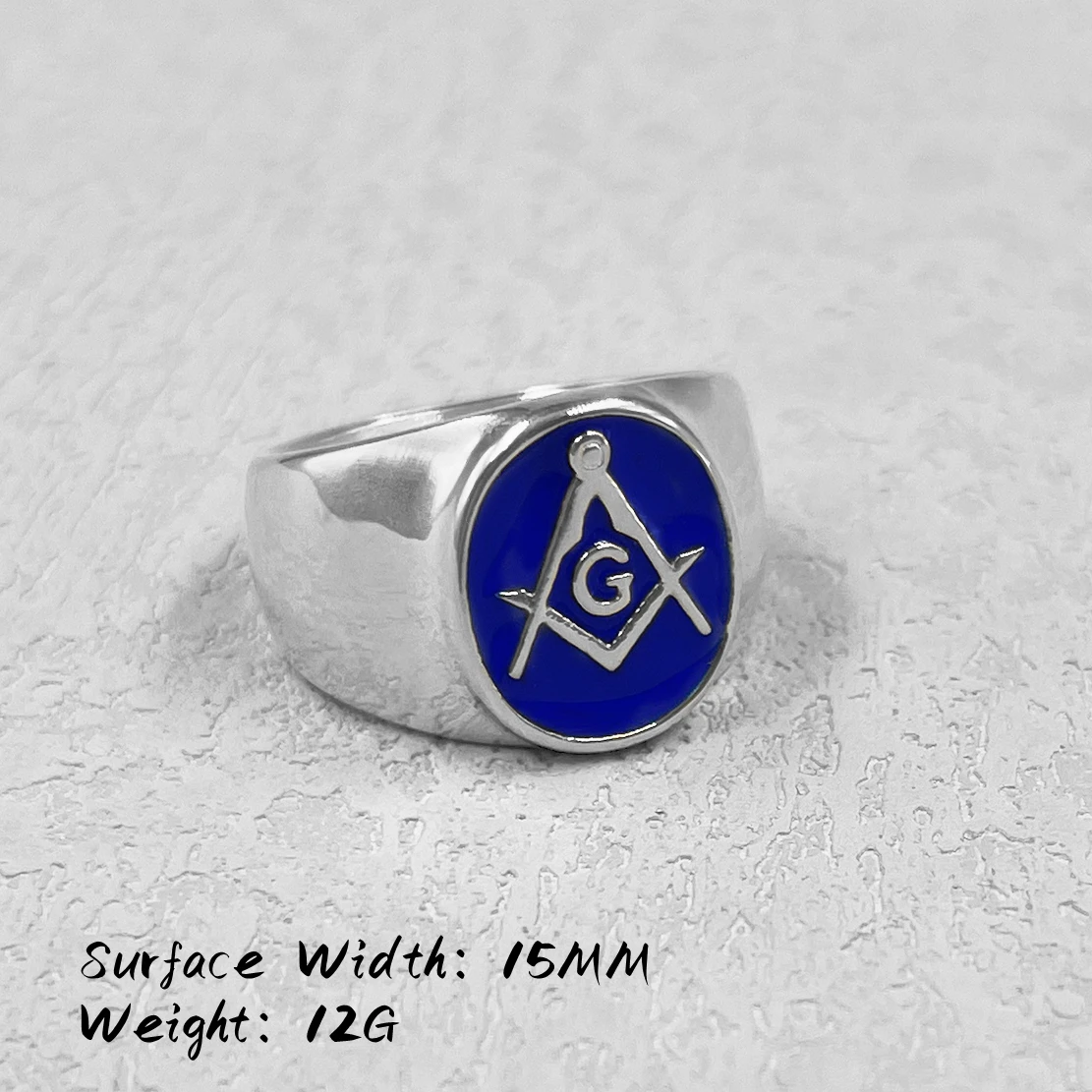 Blue AG Stainless Steel Ring Men Vintage Gold Color Male Hiphop Rock Man Rings Retro Free Mason Freemasonry Masonic Punk Jewelry