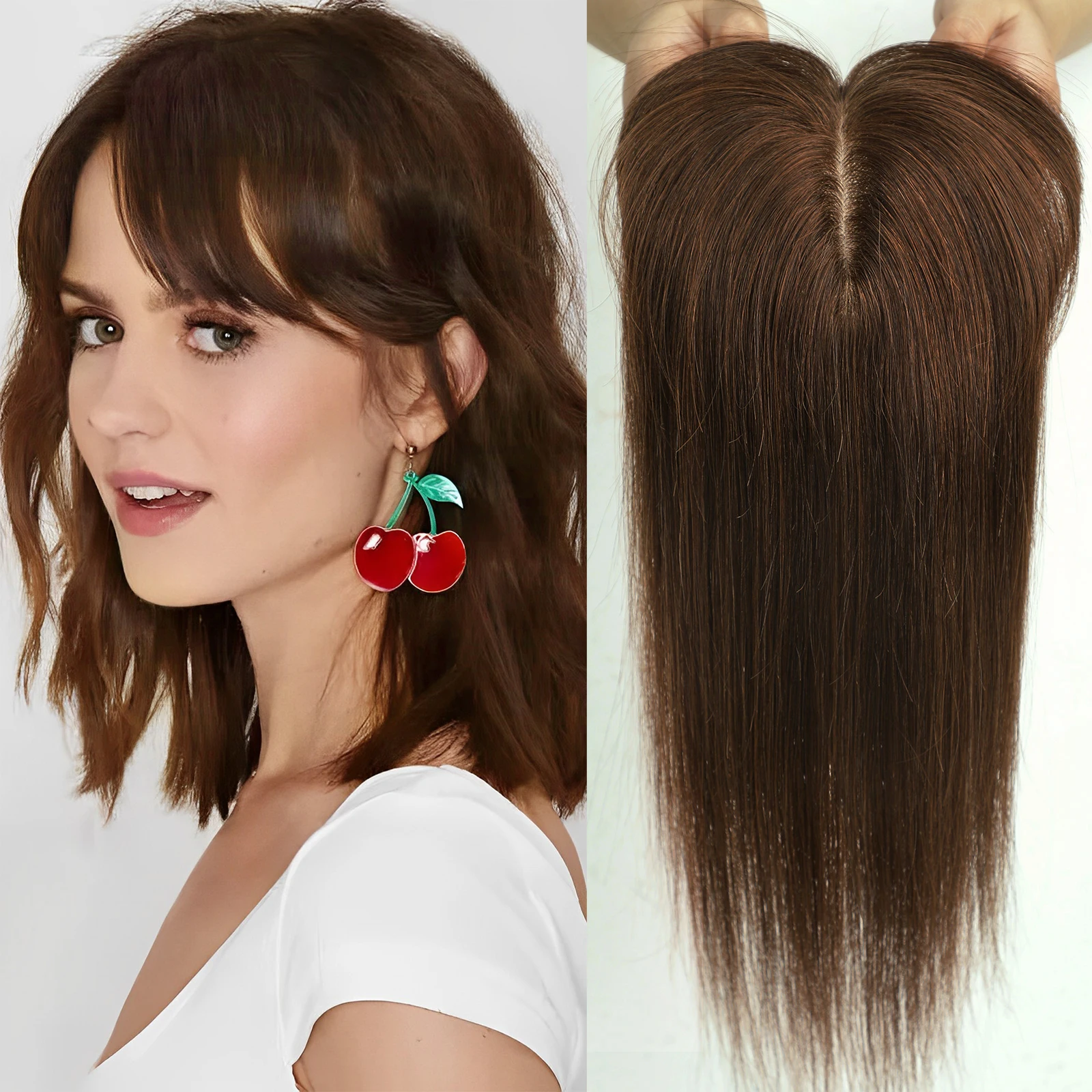 Light Honey Blonde Remy Human Hair Toppers with Bangs 10inches Straight Human Hairpieces for Women Silk Base Human Hair Toppers image 3