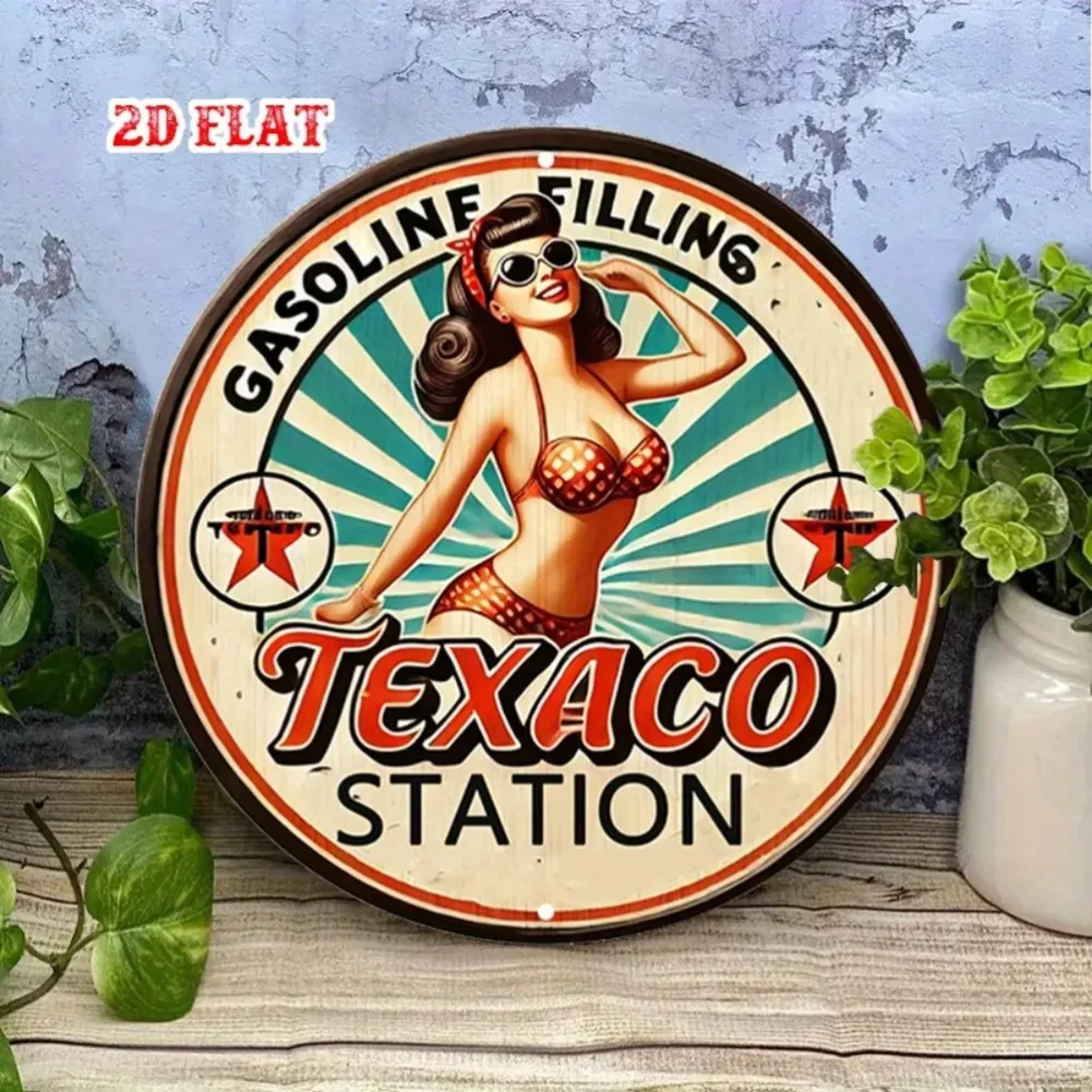 Texaco Metal Logo Vintage Oil Pump Decor | 1950s Retro 2D Flat Metal Sign for Garage Wall