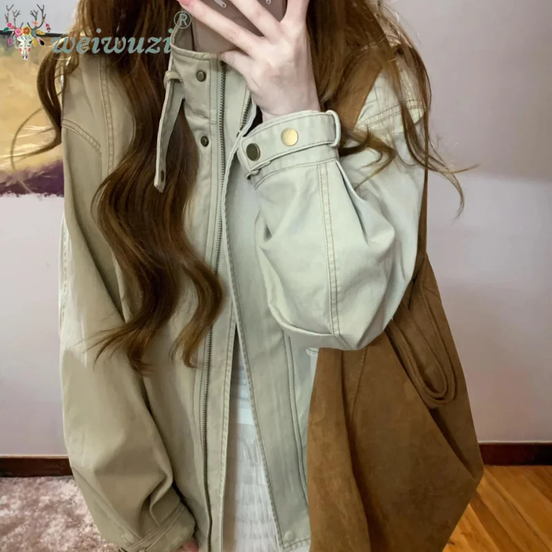 New Women Japanese Style Retro Washed Cargo Denim Coat Stand Collar Zip Front Loose Long Sleeve Casual Streetwear Jean Jacket