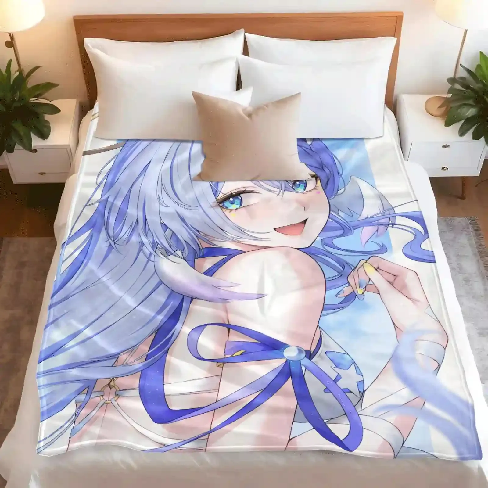 Robin Anime Flannel Throw Blanket Print Gradient Long Hair Blue Ribbon Star Swimsuit Theme Lightweight Warm Blanket