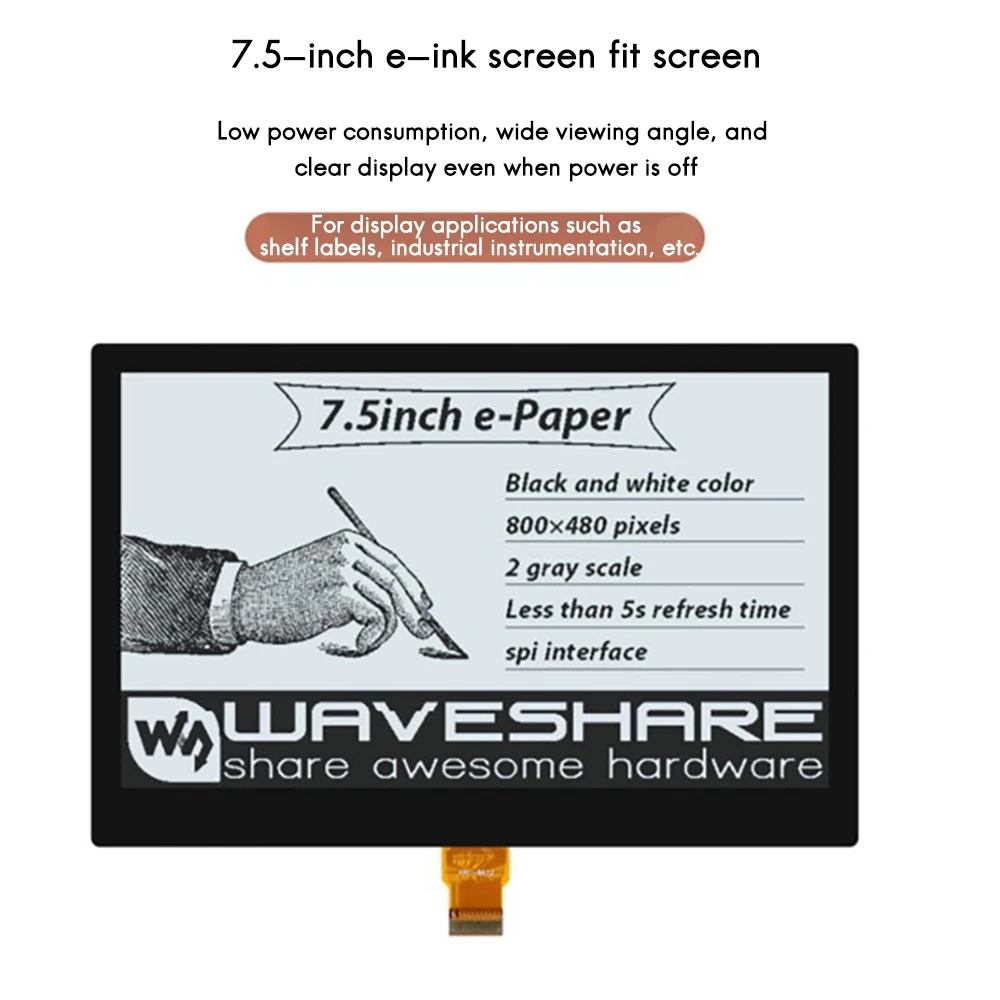 Waveshare Electronic Ink Screen 7.5-Inch E-Paper Full-Fit Screen Global Refresh Black and White Two-Color E-Ink Ink Screen