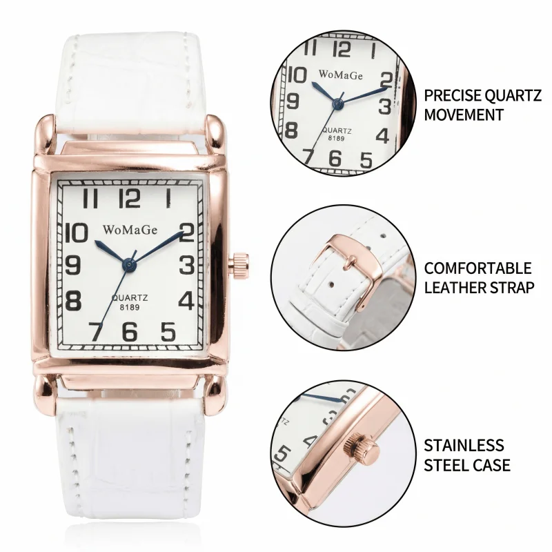 Women Square Quartz Watch Luxury Metal Case Leather Strap Ladies Wristwatch Simple Casual Large Number Dial Watch For Woman Gift