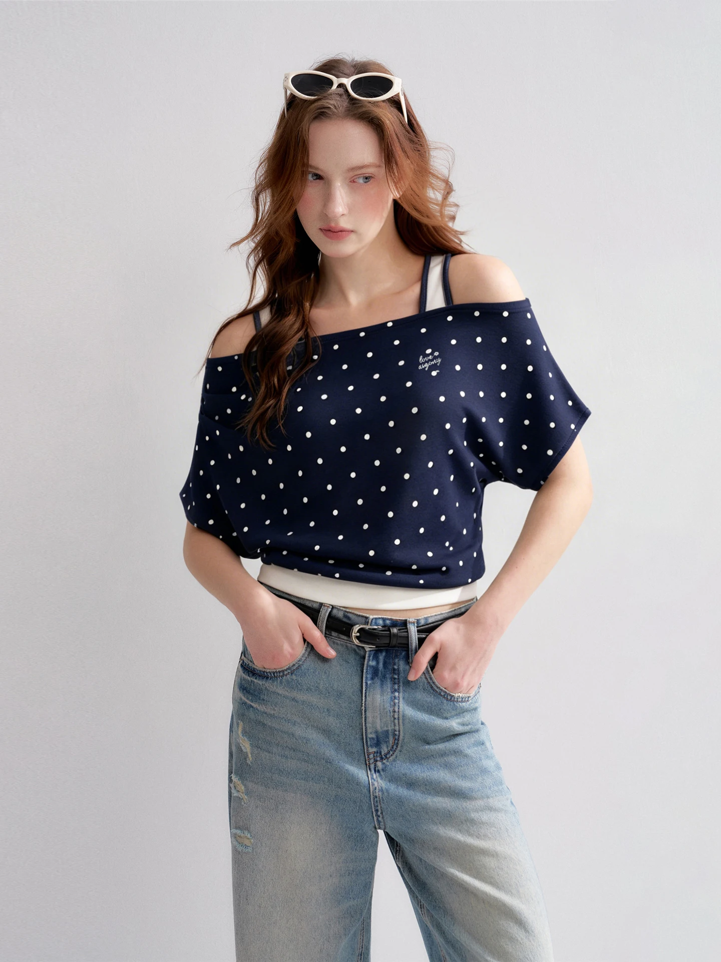 AsGony Polka Dot Color Block Short Sleeve T-Shirt Women's Shoulder Bared Design Casual Loose Fit Summer Top Love Asgony