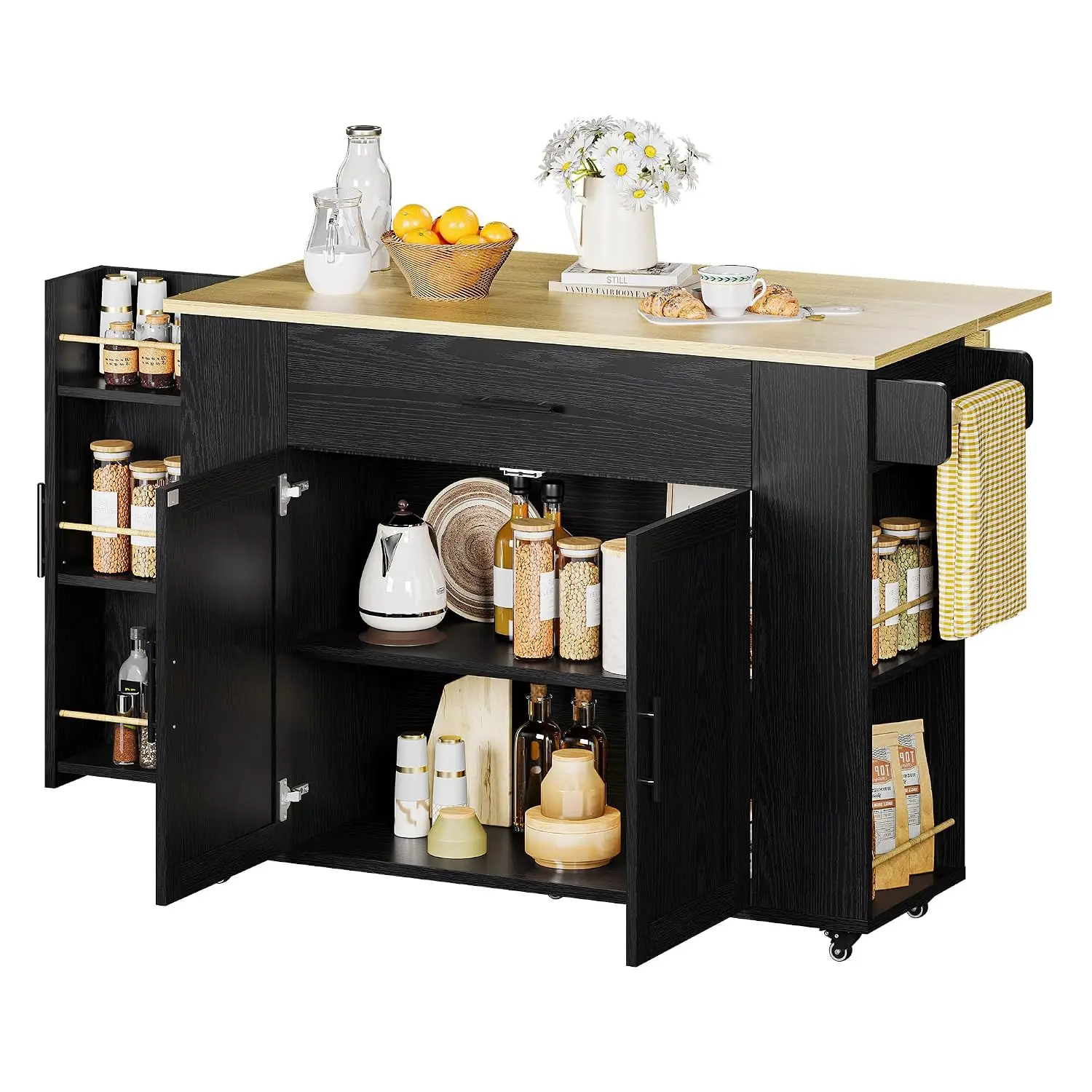 47 Inch Rolling Kitchen Island with Drop Leaf & Storage, Black, Customized