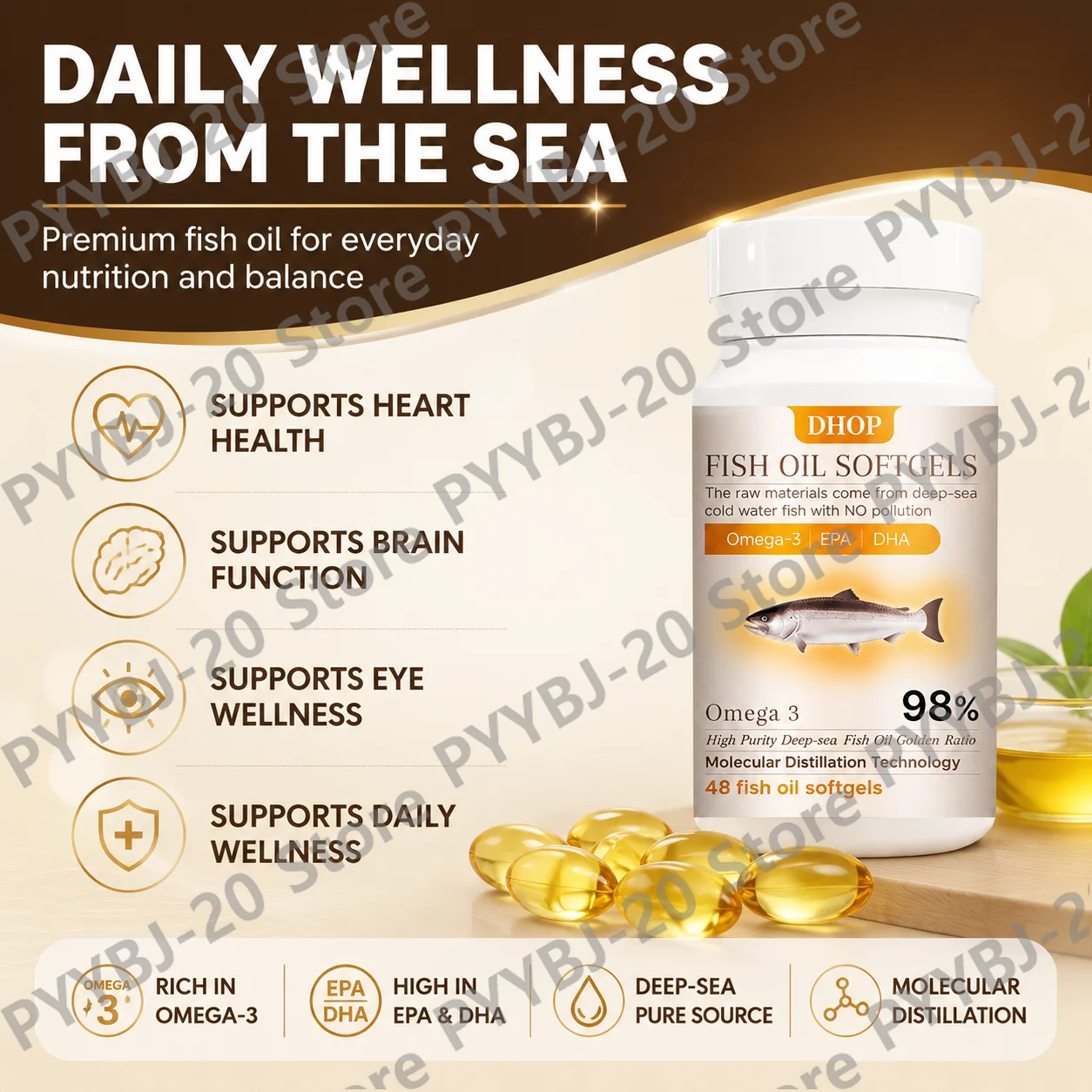 DHOP 98% High Purity Fish Oil Softgels - Omega-3 EPA DHA Supports Brain, Eye, Heart & Joint Wellness 48ct