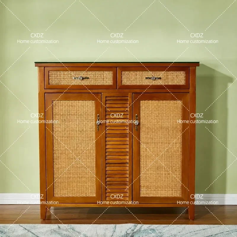 Modern Solid Wood Shoe Cabinet with Jade Rattan Art Design Two Door Large Capacity Storage Locker for Porch Entryway Home