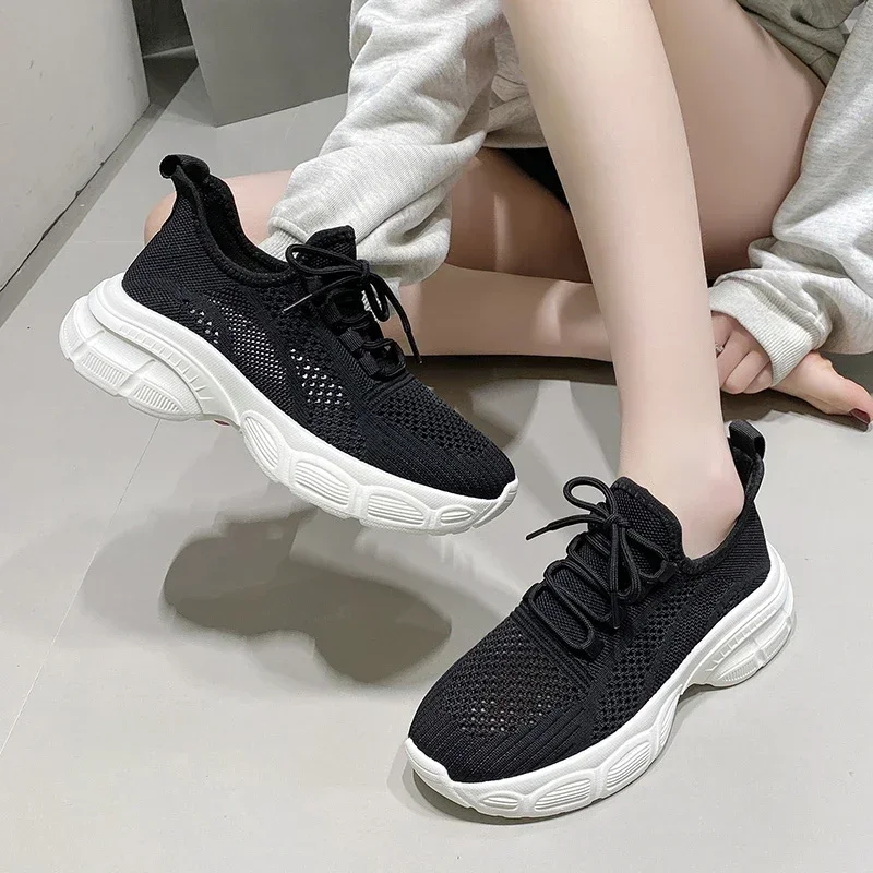 Mesh women's shoes  new fashionable summer round toe lace up versatile breathable casual shoes comfortable women's sports shoes