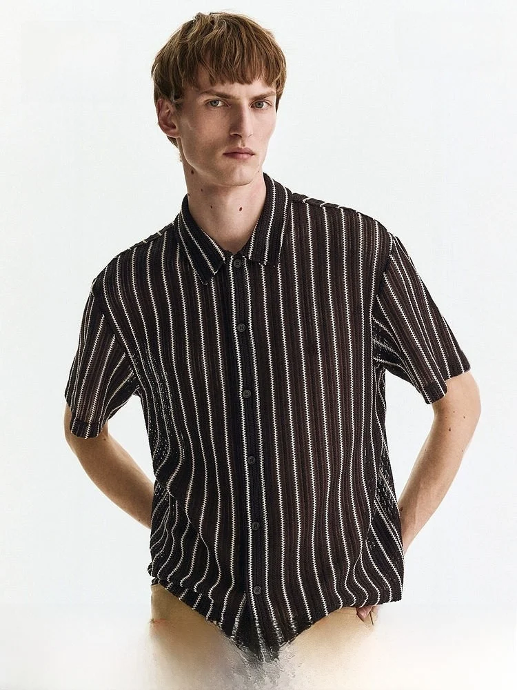 

H&M Spring New Men's Regular Fit Texture Knitted irt Button up ort Sve Polyester Cotton Blend Casual Sle