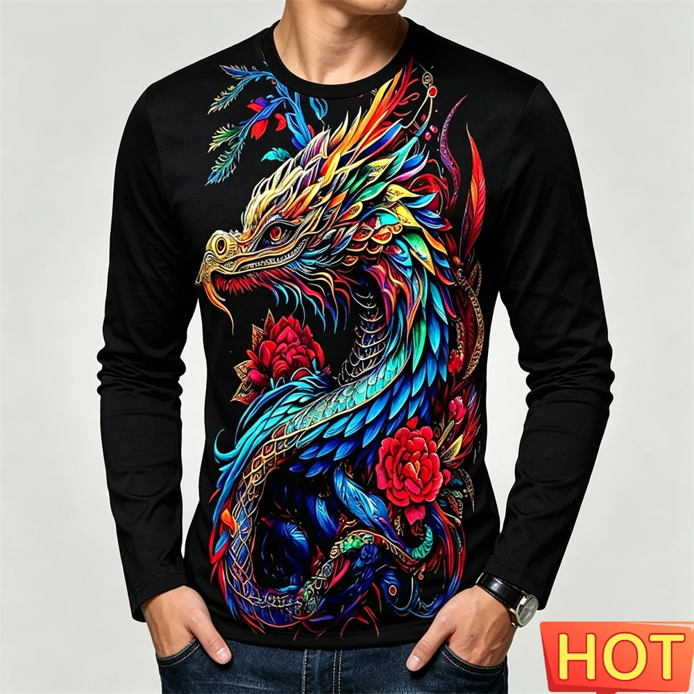 Funny 3D Chinese Loong Print Men's T-shirt Fashion Loose Long-sleeved Tops Street Hip Hop y2k Clothes Spring Autumn Men Clothing