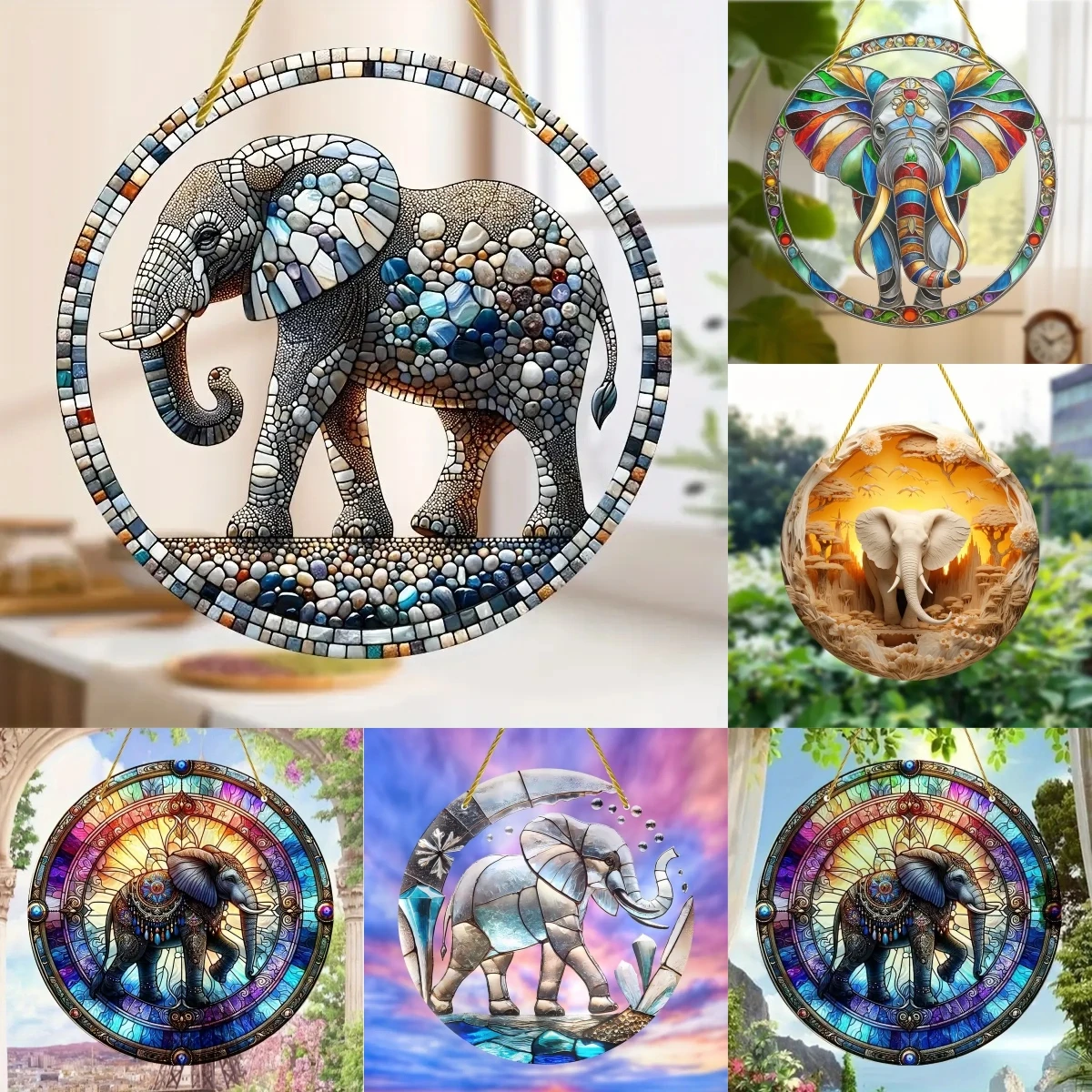 Strong Elephant Sun Catcher- Round Acrylic Stained Art Translucent Window Hanging,Home,Porch,room,Farmhouse Garden Decor