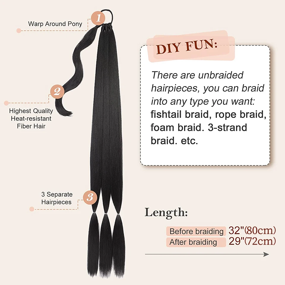 Easyhair DIY ekstensi ekor kuda kepang sintetis, hitam panjang kepang ekor kuda sintetis dengan ikat rambut karet untuk wanita