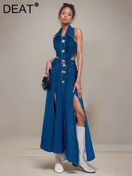 DEAT Trendy Fashion Women's Metal Buckle Waist Hollow Out Denim Dress 2024 Spring Lapel Sleeveless Split Dresses Female 33A1196