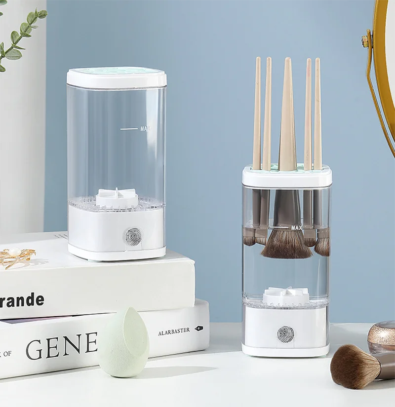 自動メイクブラシ＆スポンジクリーナーマシン、電動化粧パフ洗浄キット（ブラシ収納オーガナイザーボックス付き）