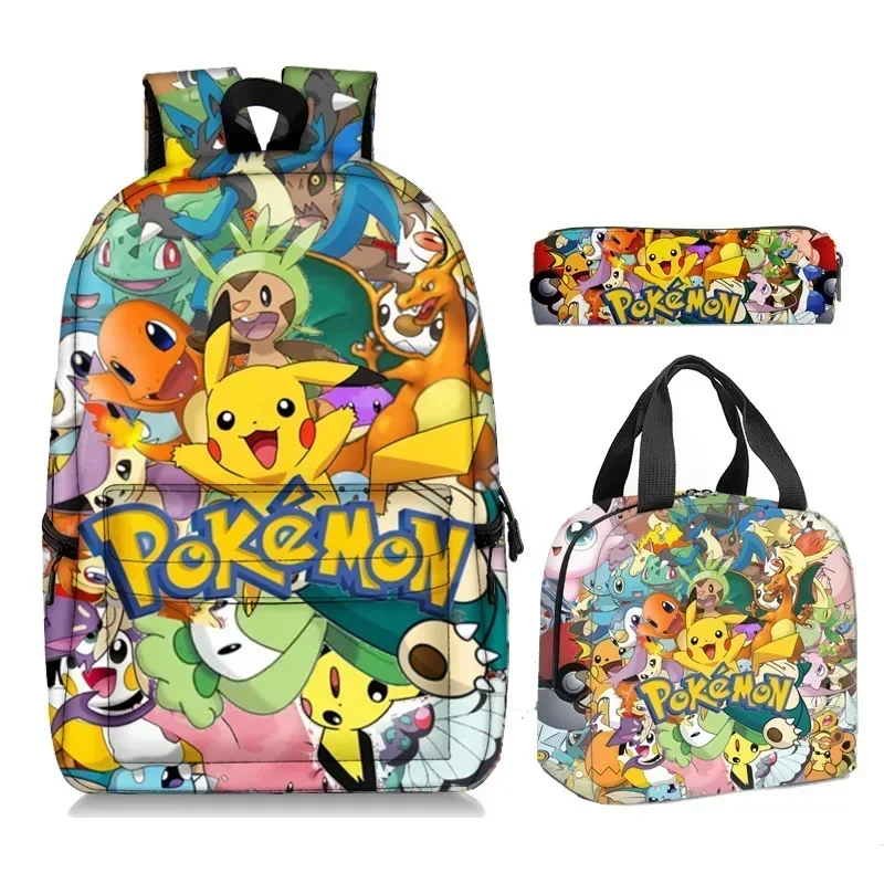 Conjunto de 3 unidades de Mochila de Pokémon de Pikachu, Mochila escolar para estudiantes de primaria y secundaria, Mochila escolar de dibujos animados de Anime para niños y niñas