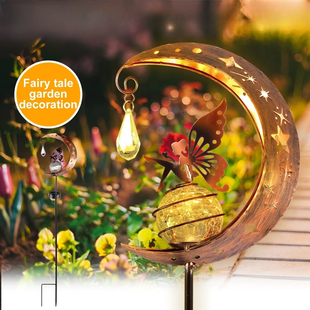 Imagem -04 - Solar Garden Fairy Lights Decoração ao ar Livre Metal Moon Crackle Glass Globe com Anjo Yard Pathway Decoration Presentes