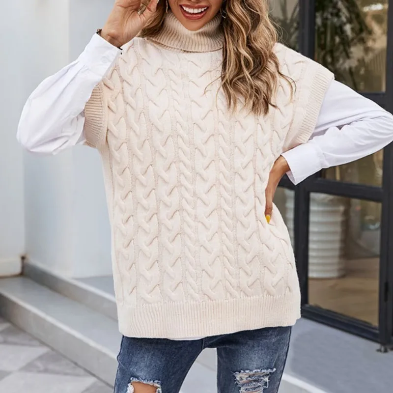 

"Women's Sleeveless Turtleneck Sweater Vest, Loose Knit Pullover, Solid Color Winter Warm Top, Fall Casual Stretch Jumper"