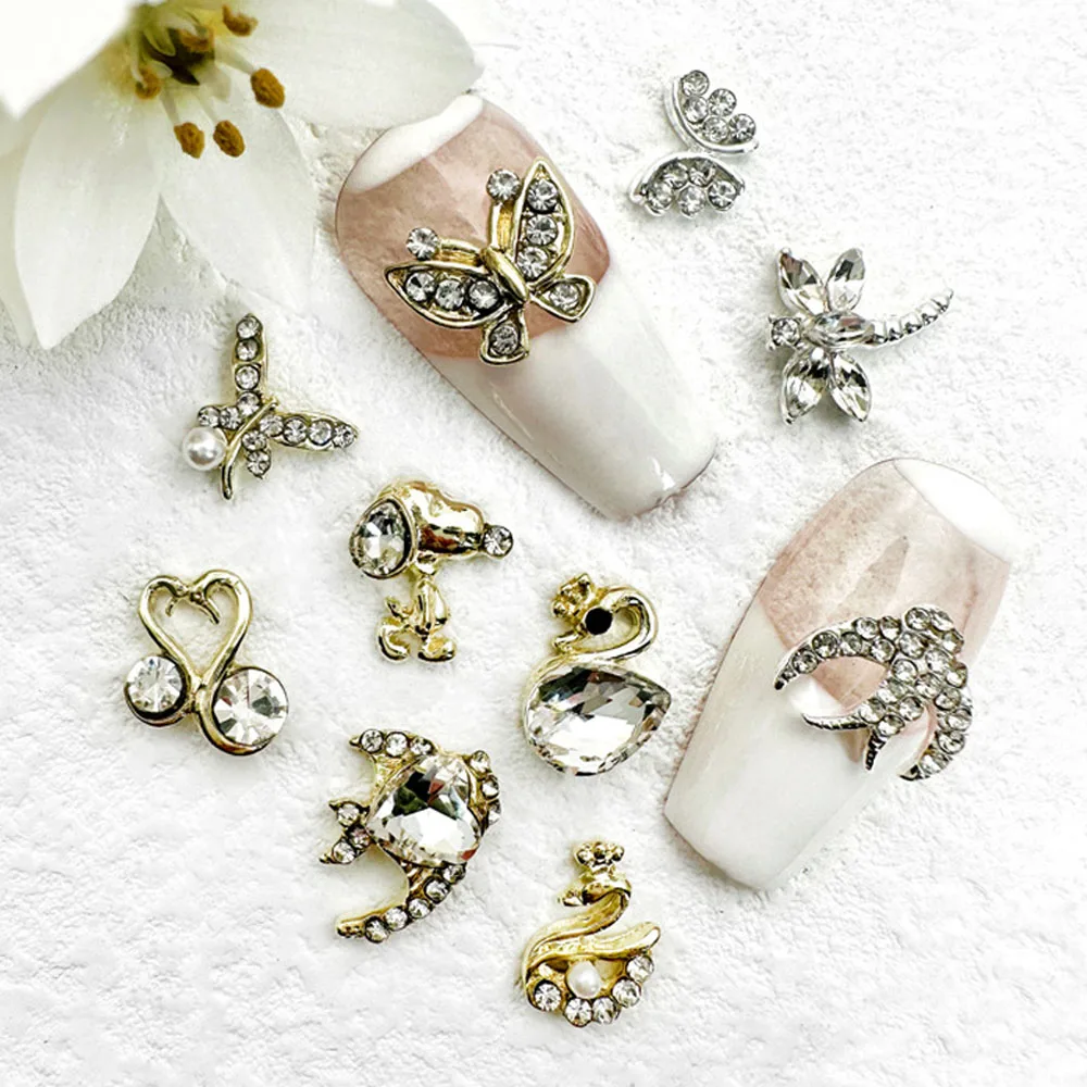 10Pcs/lot 3D Alloy Swan/Butterfly/Dragonfly Nail Art Charms Animal Design DIY Rhinestone Gold/Silver Nail Jewelry Accessories