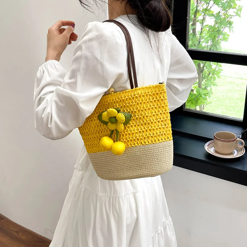 Handwork Straw Bag 2024 Summer Women Bucket Bag Satchel Designer Straw Woven Handbag Beach Travel Ladies Shoulder Crossbody Bags