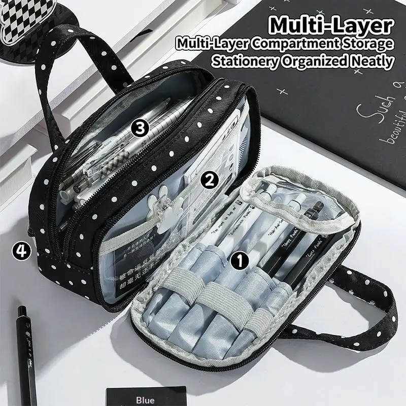Large Capacity Ruffle Pencil Case Cute Polka Dot Print Soft Handle Portable Stationery Pouch for School Girls Boys