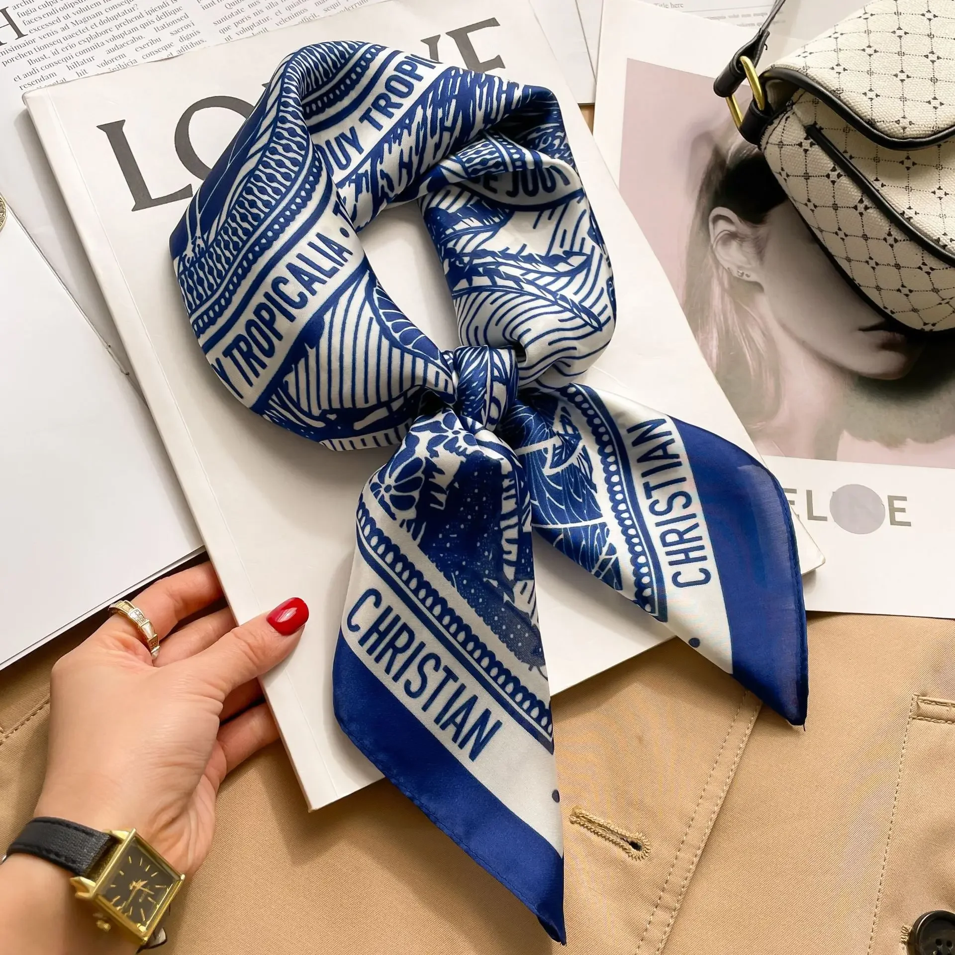 

1pcs 70cm Houndstooth Printed Square Scarf For Women Silk CHRISTIAN Letters Fashionable And Versatile Headscarf Scarf Bandana