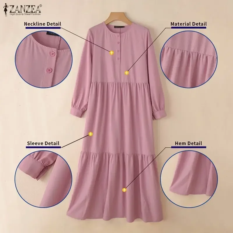 ZANZEA Elegant Muslim Abaya Hijab Long Dress Women Long Sleeve Ramadan Robe Spring Sundress Solid Loose Maxi Vestido Kaftan 2026 2