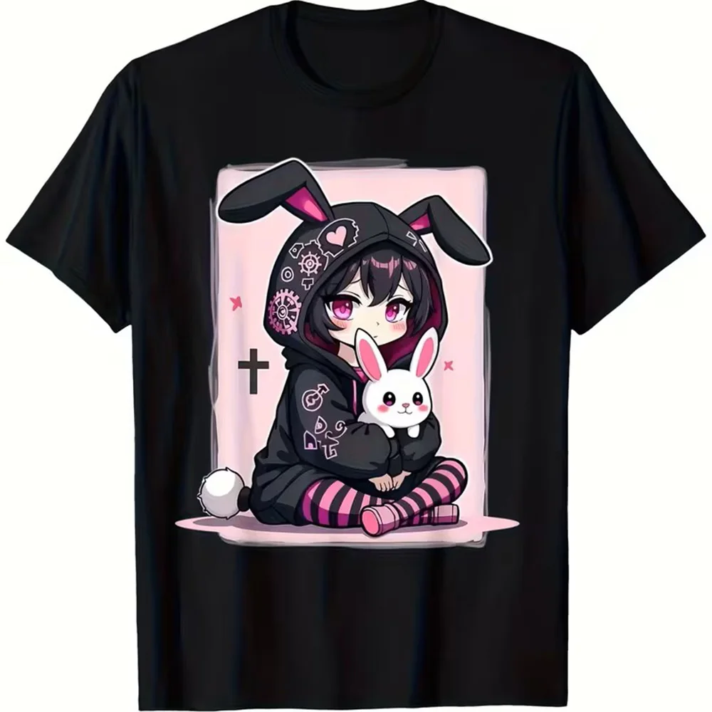 

Women's Cute Gothic Anime Bunny Girl Graphic T-Shirt Casual Kawaii Rabbit Streetwear Loose Top Short Sleeve