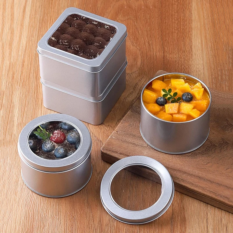 

Round Square Tinplate Box Clear Window Iron Storage Tea Food Jar Candy Cake Boxes Jewelry Cream Cosmetic Container Empty Pot