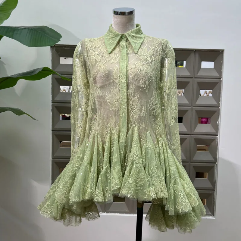 QMQA Fashion Women's Sheer Splice Ruffles Lace Mini Dress Beaded Lace Lapel Petal Flared Long Sleeve Elegant Shirt Dresses QM831