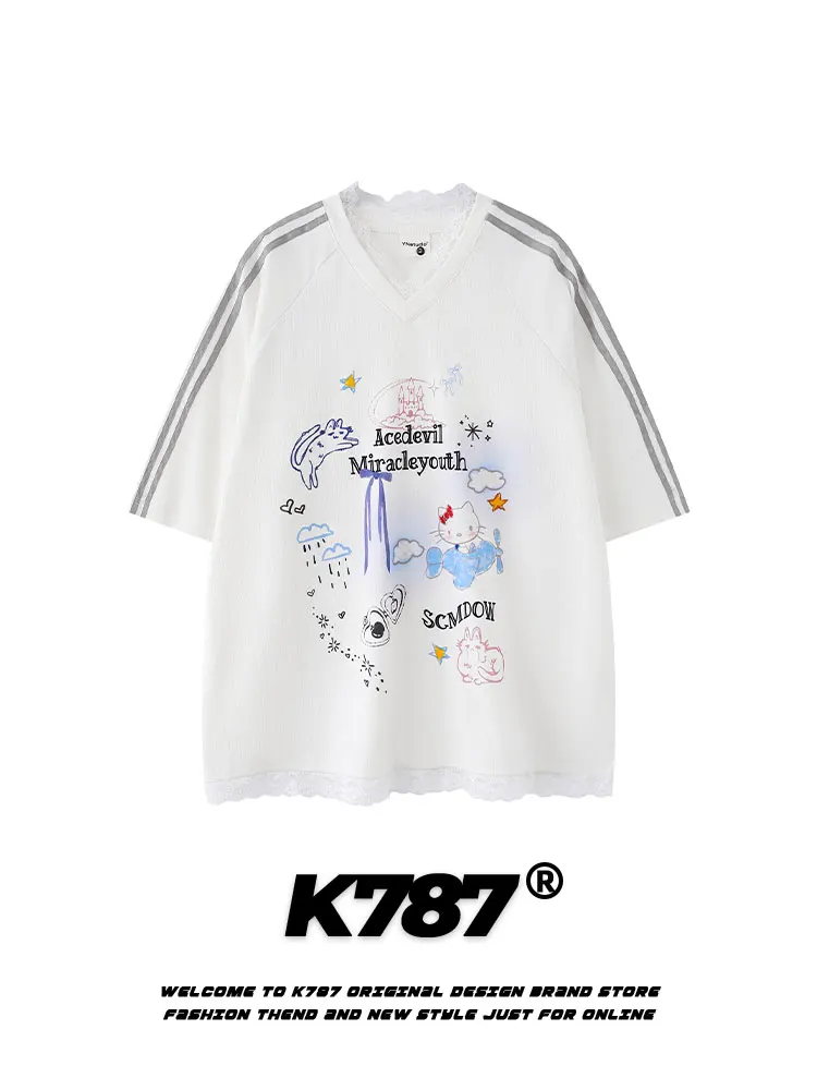 

K787 American Retro Kit Print V-ne ort Sve T-irt Women's Lace Splicing Casual oulder-baring Top Polyester Blend