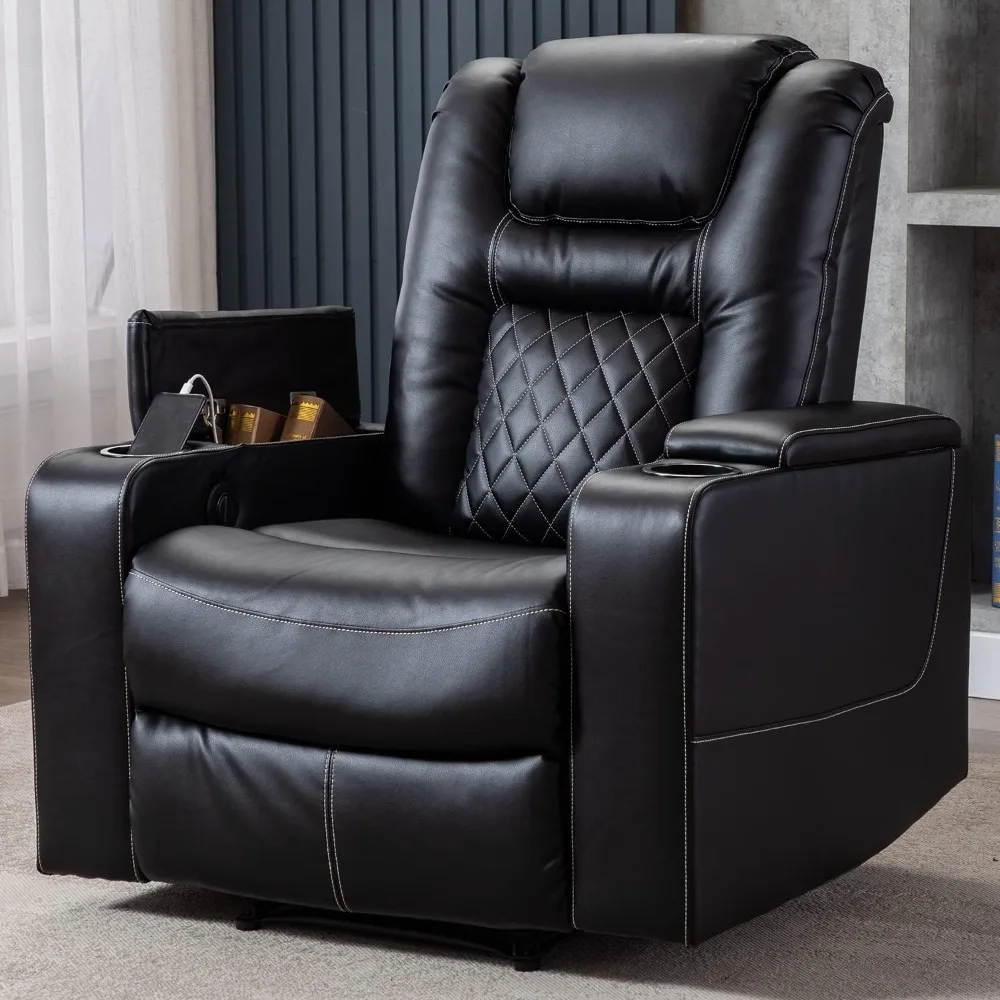 Electric Power Recliner Chair with USB Ports and Cup Holders, Breathable Leather Home Theater Seating with Hidden Arm Storage