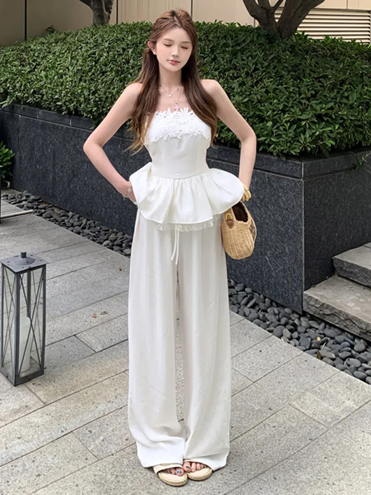 Korean version high-end lace design waist cinching puffy strapless vest loose wide leg pants commute  casual two-piece set
