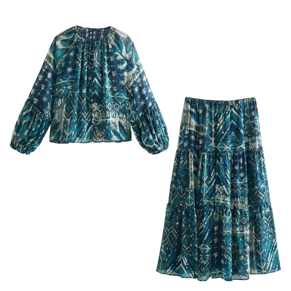 Taop&Za 2024 Spring Metal Thread Printed Shirt Top/High Waist Drawstring A-line Printed Skirt for Women