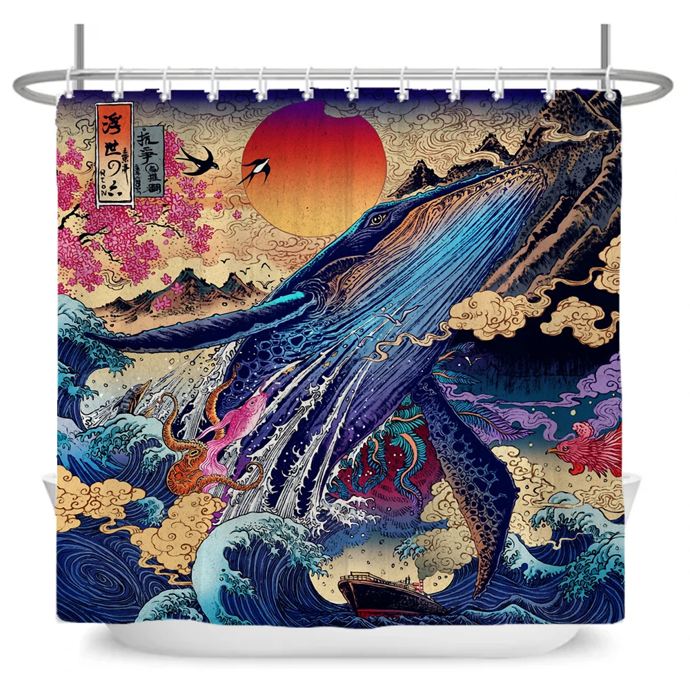 Japanese Wave Mount Fuji Plum Blossom Flower Printied Shower Curtain Waterproof Polyester Fabric Bathroom Curtains with 12 hooks