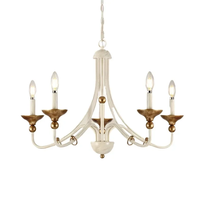 5 Light French Rustic Retro White and Antique Gold Metal Candle Chandelier for Dining Room Kitchen Island Bedroom Foyer