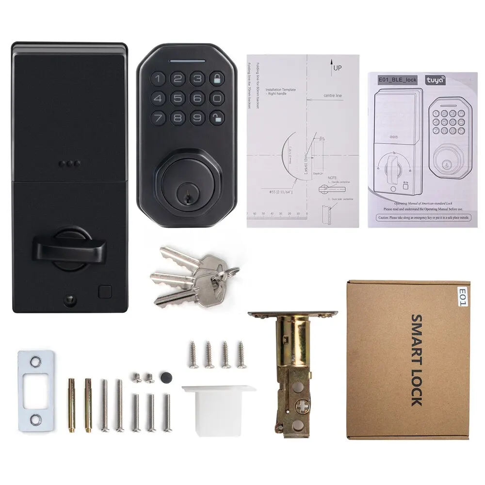 Tuya Wifi Black Smart Door Lock Anti-static Keypad Digital Password Mechanical Key Security Home Electronic Auto Lock