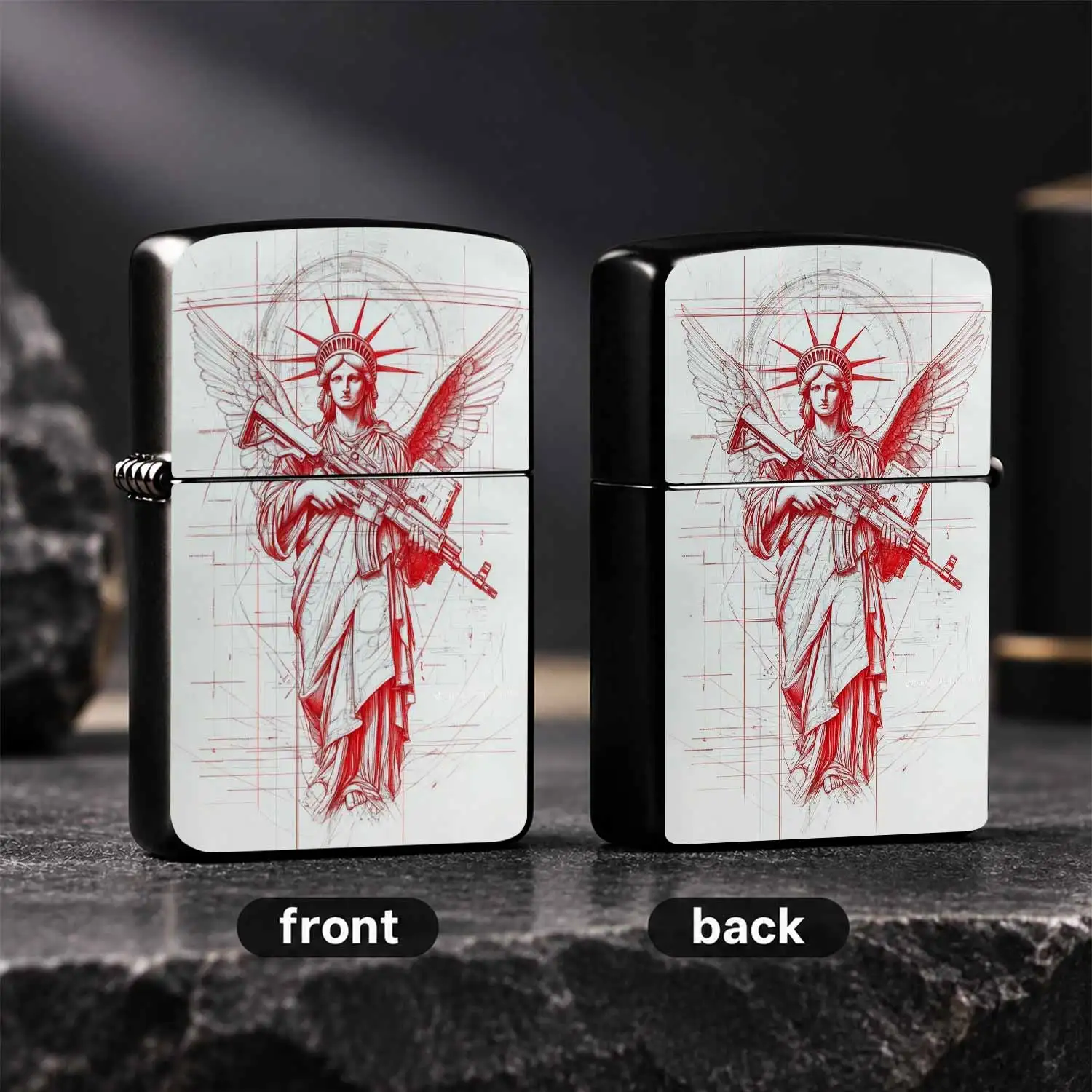 Retro Red Sketch Angel Statue of Liberty with Rifle Lighter, Cool Hard Solid Body PORTABLE Ignition Ornament, Unique Hardcore Style Collectible for Daily Use, Outdoor Lighting Gifting for Men Veterans and Hobbyists A Fun and Humorous Light