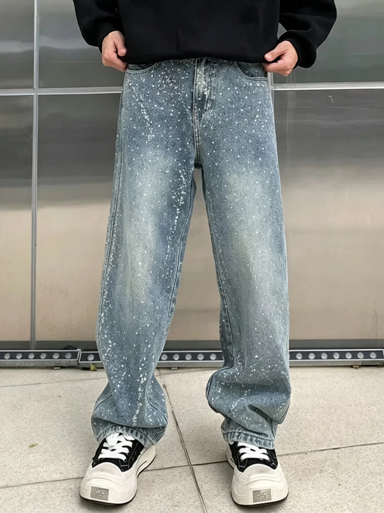 Trendy Rhinestone Decorated Loose Fit Jeans for Men Youth Fashionable High Waist Straight Leg Pants Casual All Seasons Wear